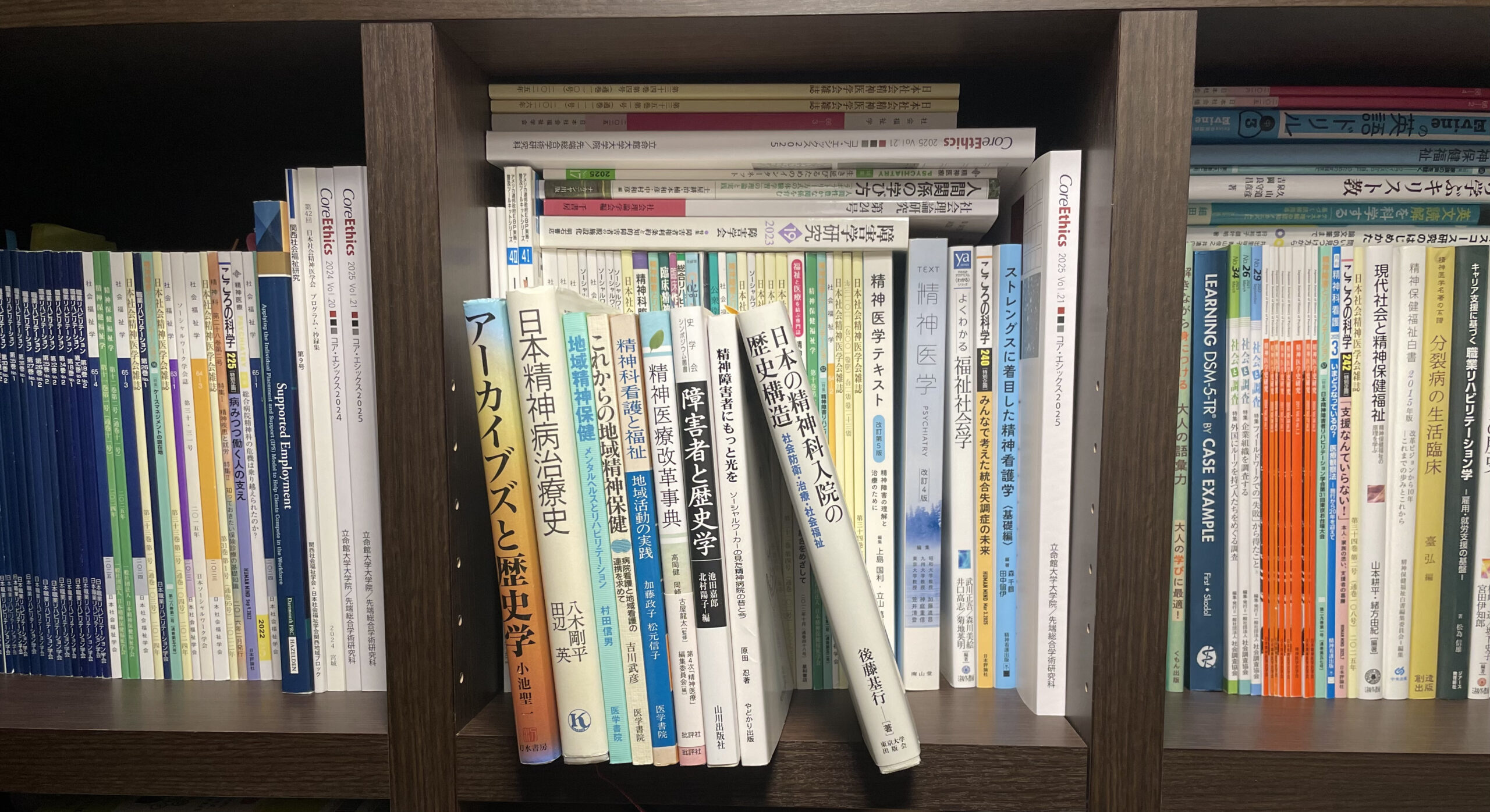 写真2:筆者の書棚。精神医療史とアーカイブズ関連の文献が並ぶ